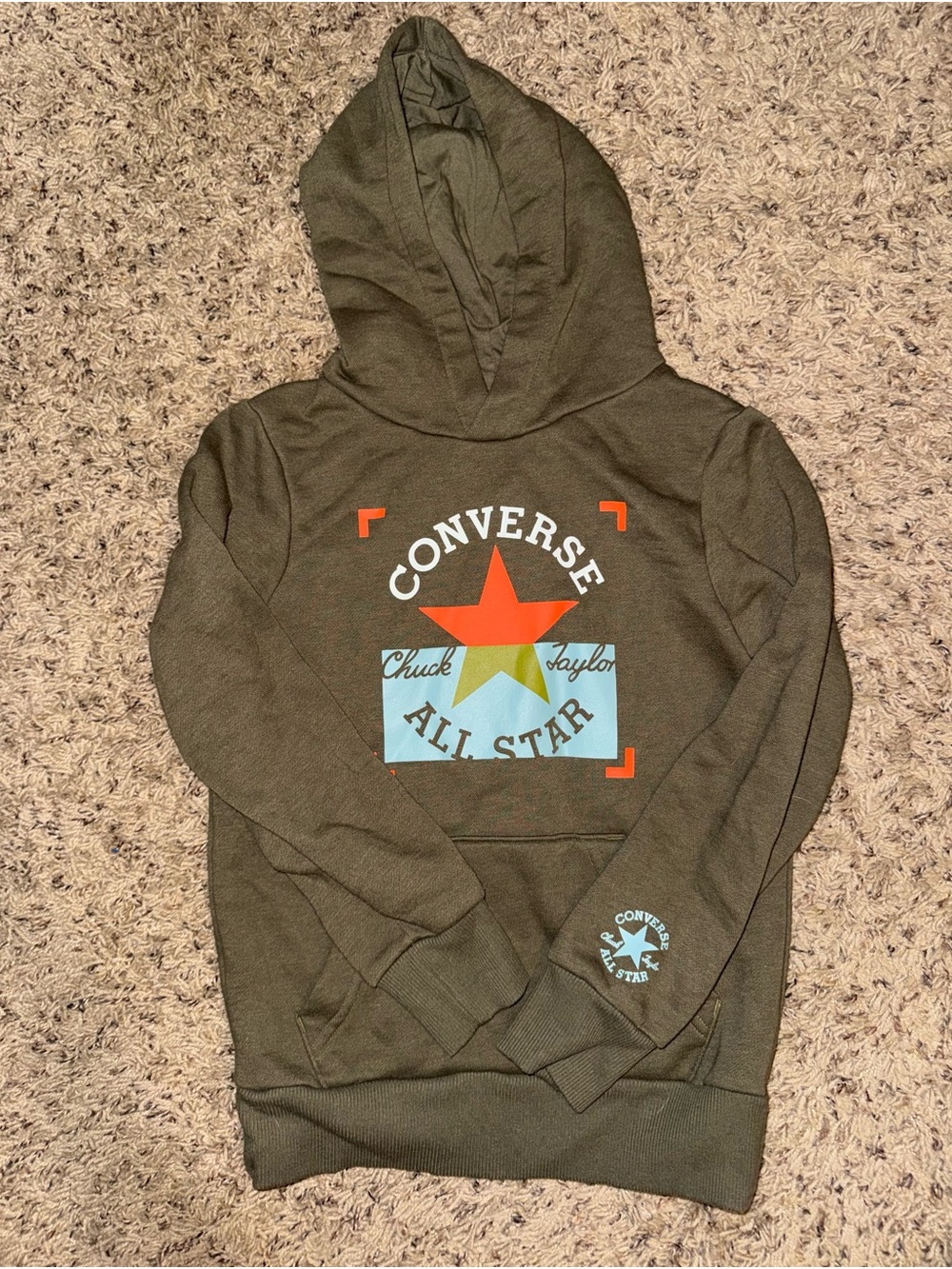 Converse Kids Olive Green Hoodie with Multicolor All Star Graphic